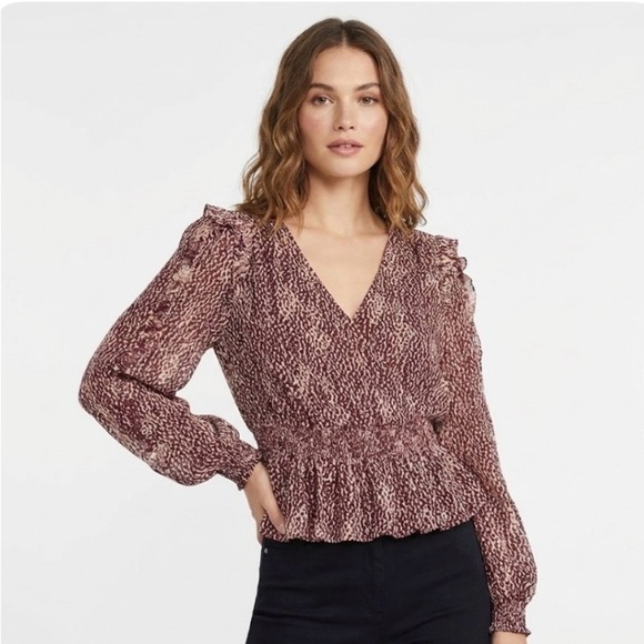 Express Tops - Express Women's Burgundy and Cream V-Neck Blouse Size L